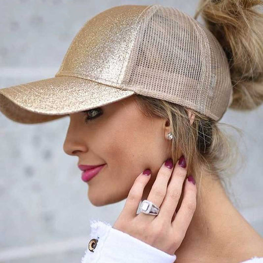 Gorra de béisbol con cola de caballo y purpurina para mujer