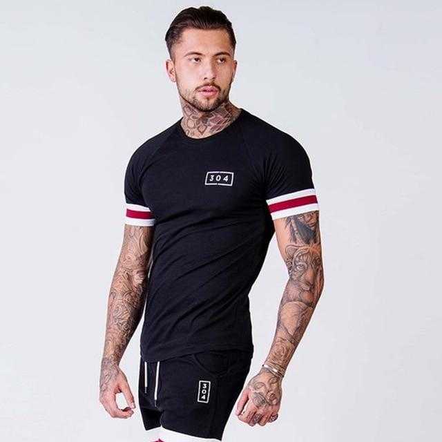 Men Cotton Short sleeve t shirt Fitness Slim Patchwork Black | GYMFIT24.COM