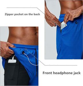 Men's  2 in 1 running shorts security zipper pockets