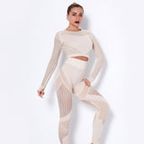 2Pcs Yoga Set Seamless Fitness Crop Top Women Long Sleeve