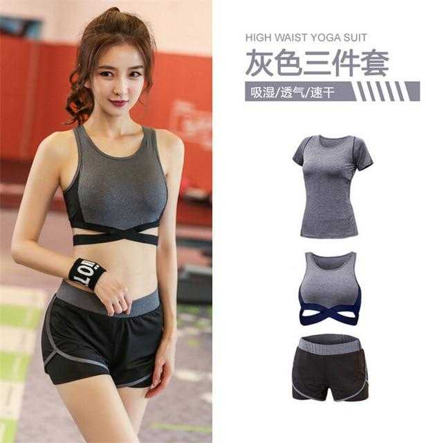 5 pieces sets coat+t shirt+bra+shorts+leggings women yoga clothing | eprolo