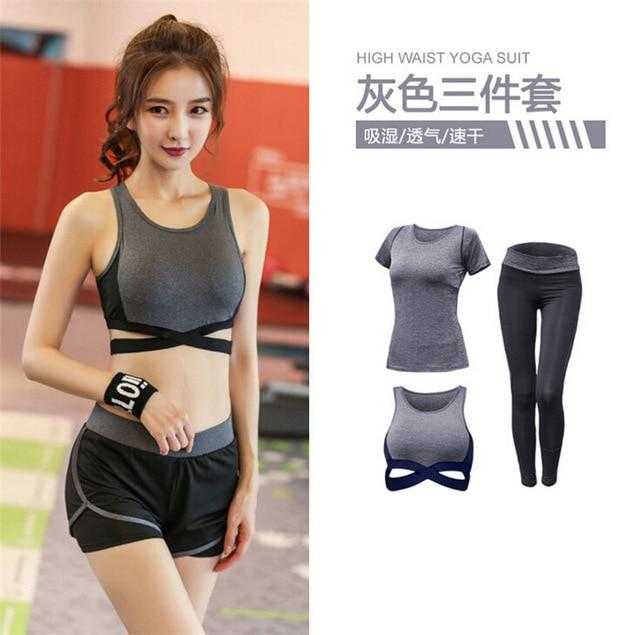 5 pieces sets coat+t shirt+bra+shorts+leggings women yoga clothing | eprolo