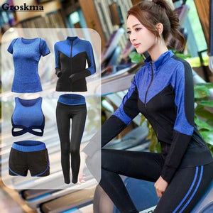 5 pieces sets coat+t shirt+bra+shorts+leggings women yoga clothing | eprolo