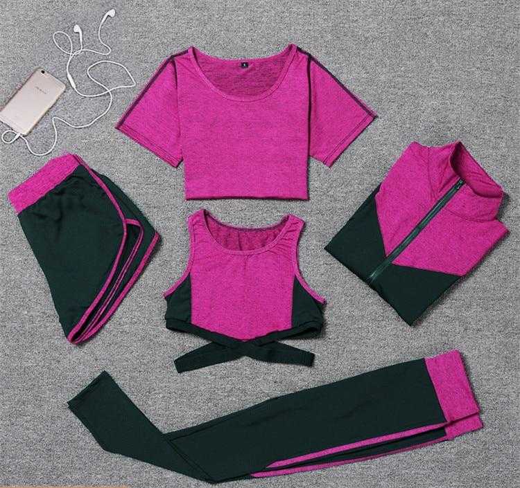 5 pieces sets coat+t shirt+bra+shorts+leggings women yoga clothing | eprolo