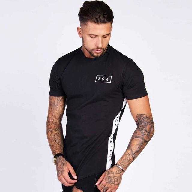 Men Cotton Short sleeve t shirt Fitness Slim Patchwork Black | GYMFIT24.COM