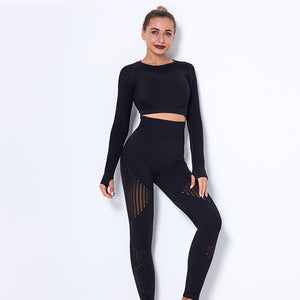 2Pcs Yoga Set Seamless Fitness Crop Top Women Long Sleeve