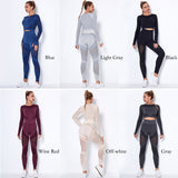 2Pcs Yoga Set Seamless Fitness Crop Top Women Long Sleeve