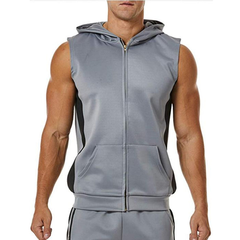 Men Zipper Splicing Sports Hooded Vest bodybuilding  fitness clothing | eprolo