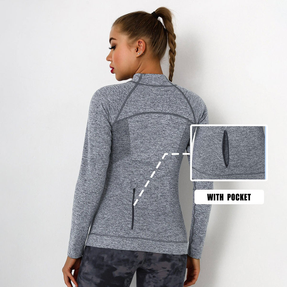 Running Sports Top Women Long Sleeve Zipper Pocket