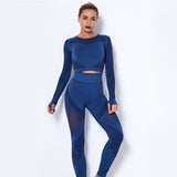 2Pcs Yoga Set Seamless Fitness Crop Top Women Long Sleeve