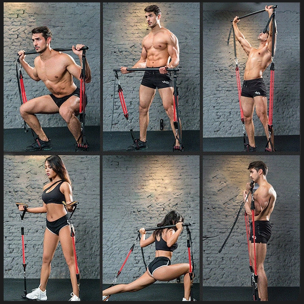 Ejercicio de gimnasio con barra de pilates con banda de resistencia