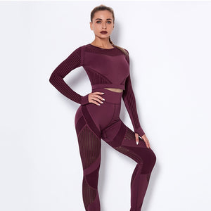 2Pcs Yoga Set Seamless Fitness Crop Top Women Long Sleeve