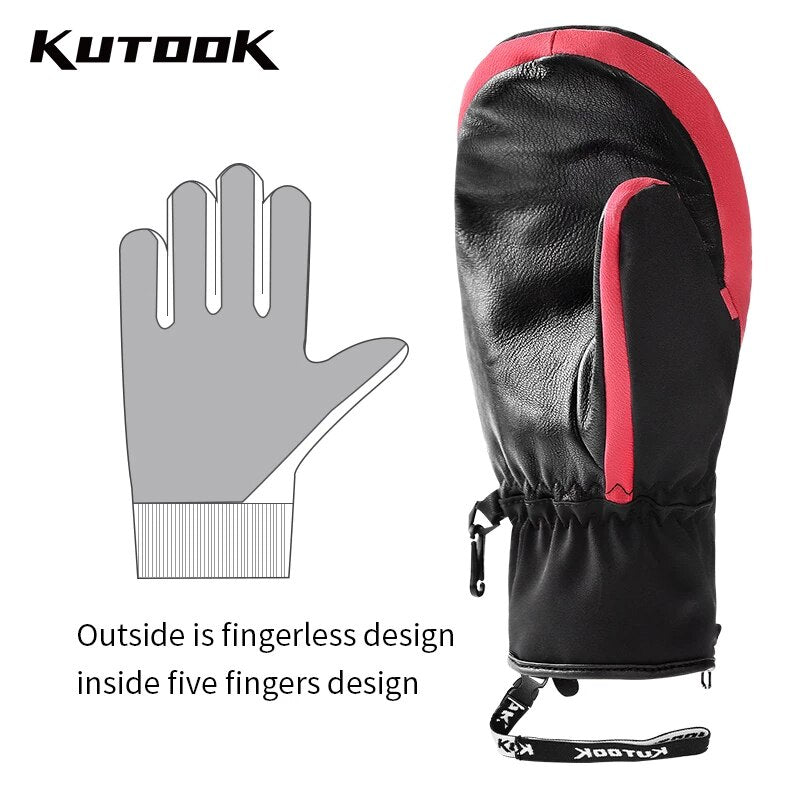 KUTOOK Skiing Gloves Waterproof Goatskin Palm Outdoor Sport