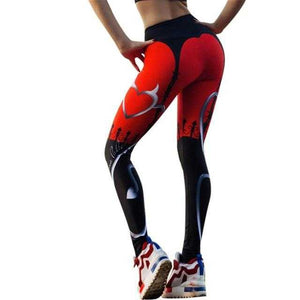 Sexy Heart Print Leggings Women Red Black Patchwork | GYMFIT24.COM