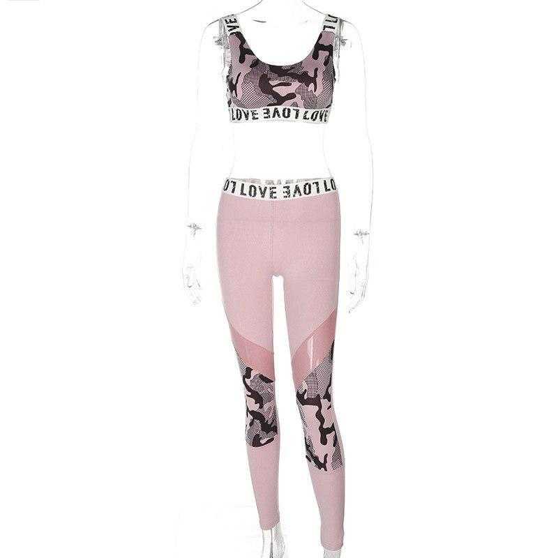 Women's Fitness Suits Pink Crop Tank Top Legging Pants 2 Pieces Set | eprolo