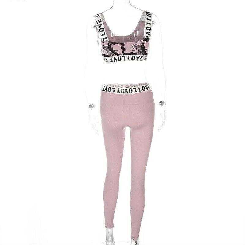 Women's Fitness Suits Pink Crop Tank Top Legging Pants 2 Pieces Set | eprolo